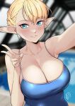  1girl asymmetrical_bangs bare_arms bare_shoulders blonde_hair blue_eyes blue_one-piece_swimsuit blurry blurry_background blush braid breasts cleavage collarbone damobelmont dated elf elf-san_wa_yaserarenai. elfuda_(elf-san_wa_yaserarenai.) eyelashes hair_between_eyes half_updo hand_up highres large_breasts lips looking_at_viewer one-piece_swimsuit outstretched_arm parted_lips pointy_ears pool rei_no_pool selfie short_hair signature single_braid smile solo spaghetti_strap swimsuit teeth upper_body v very_short_hair 