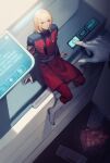  1boy bai_rui belt blonde_hair blue_eyes boots gundam gundam_seed gundam_seed_destiny highres long_hair long_sleeves male_focus military military_uniform mini_person photocopier pill printer rey_za_burrel sitting solo uniform zaft_uniform 