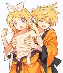  1boy 1girl ahoge arm_wrap averting_eyes bandaged_wrist bandages blonde_hair blue_eyes blush_stickers bow breasts chest_sarashi covering_another&#039;s_breasts gekokujou_(vocaloid) hair_bow hair_ornament hairclip headphones headset japanese_clothes jihecchi kagamine_len kagamine_rin kimono long_sleeves multicolored_hair open_clothes open_kimono open_mouth orange_kimono sarashi short_hair short_ponytail simple_background single_blush_sticker small_breasts spiked_hair streaked_hair sweatdrop swept_bangs torn_bandages turn_pale turning_head undone_sarashi upper_body vocaloid wardrobe_malfunction white_background white_bow wide_sleeves yellow_eyes 