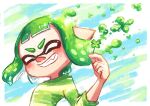  1girl border closed_eyes clover commentary flower four-leaf_clover green_hair green_shirt highres holding holding_flower inkling inkling_girl inkling_player_character maki_splakugaki medium_hair outside_border shirt smile solo splatoon_(series) symbol-only_commentary teeth tentacle_hair upper_body white_border 