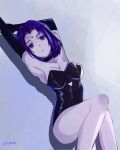  1girl armpits artist_name bare_shoulders black_gloves black_leotard bob_cut breasts cleavage_cutout clothing_cutout commentary commission dc_comics elbow_gloves facial_mark forehead_mark from_above gloves hainomajoeraina highres knee_up leotard looking_at_viewer lying parted_lips purple_eyes purple_hair raven_(dc) solo strapless strapless_leotard teen_titans thighhighs 