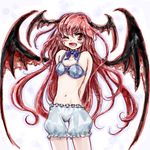  ;d arms_behind_back bat_wings bloomers bow bowtie bra fang head_wings koakuma long_hair nanashii_(soregasisan) navel one_eye_closed open_mouth red_eyes red_hair simple_background smile solo thigh_gap touhou underwear underwear_only wings 
