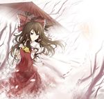  ascot blush bow brown_hair cloudy.r detached_sleeves forest hair_bow hair_tubes hakurei_reimu highres long_hair nature oriental_umbrella red_eyes skirt smile solo touhou tree umbrella 