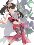  1girl :o asymmetrical_bangs black_hair blush bracelet breasts commentary dusk_ball eyelashes floating_hair flower flower_bracelet gonzarez green_eyes green_ribbon grimmsnarl hair_flower hair_ornament hair_ribbon hand_up highres holding holding_poke_ball jewelry long_hair looking_at_viewer marnie_(pokemon) marnie_(summer_2021)_(pokemon) midriff navel official_alternate_costume open_hand parted_lips pink_flower pink_sarong poke_ball pokemon pokemon_(creature) pokemon_masters_ex revision ribbon sarong simple_background small_breasts spread_fingers stomach twintails white_background wristband 