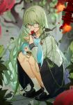  1girl absurdres alternate_costume bird black_footwear blurry blurry_background commentary_request curvy falling_leaves fang full_body glasses green_eyes green_hair highres holding holding_stuffed_toy honkai_(series) honkai_impact_3rd jinjide_shaonian leaf long_hair looking_at_viewer mihoyo miyouji mobius_(honkai_impact) pleated_skirt sailor_collar sailor_shirt school_uniform shirt sitting skirt slit_pupils smile socks solo stuffed_toy thighs tongue tongue_out white_socks 