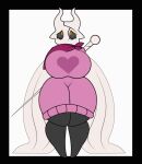 2_horns animated barsfrommars big_breasts black_body breast_expansion breast_growth breasts clothed clothing cracked cracks digital_media_(artwork) dragon-heart expansion eyebrows female growth hollow_knight honeydew_(dragon-heart) horn looking_at_breasts looking_at_viewer melee_weapon nail_(weapon) orange_eyes solo standing sweater sword team_cherry thick_thighs topwear vessel_(species) weapon wings