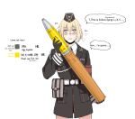  1girl ammunition armband artillery_shell bad_id bad_pixiv_id blonde_hair blush breath bright_pupils bullet english_text girls&#039;_frontline hat holding holding_bullet huqu jacket looking_at_viewer military_uniform mp40_(girls&#039;_frontline) red_armband roman_numeral solo sweat uniform white_pupils 