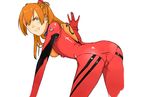 angry ass bangs bent_over bigoru blue_eyes bodysuit bracer breasts clenched_teeth commentary_request from_side gloves hair_between_eyes hand_up headgear legs_apart long_hair looking_at_viewer looking_back looking_to_the_side neon_genesis_evangelion number orange_hair parted_bangs pilot_suit plugsuit red_bodysuit scowl simple_background small_breasts solo souryuu_asuka_langley straight_hair taut_clothes teeth two_side_up v-shaped_eyebrows white_background 