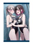  2girls asymmetrical_docking black_choker black_hair black_hairband black_nails black_one-piece_swimsuit blue_eyes blush breast_press breasts character_name chigusa_minori choker cleavage collarbone colored_inner_hair commentary_request grey_hair hairband hand_on_another&#039;s_waist highres holding holding_shower_head large_breasts long_hair medium_breasts multicolored_hair multiple_girls nail_polish official_art one-piece_swimsuit open_mouth parted_lips pink_hair ponytail purple_eyes purple_nails same-sex_bathing sample_watermark saotome_shino_(shino_to_ren) second-party_source shared_bathing shino_to_ren shirayuki_ren short_hair shower_head sweatdrop swimsuit tongue tongue_out watermark wet yuri 