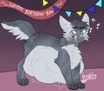 2024 abdominal_bulge artist_name birthday bodily_fluids bow_(bowhuskers) canid canine canis english_text eyebrows feral fur green_eyes grey_body grey_fur izzyhime licking_mouth male mammal musical_note saliva solo text vore wolf