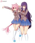  2girls absurdres alternate_species anger_vein animal_ear_fluff animal_ears annoyed armpit_carry arms_up blazer blue_footwear blue_skirt blush breasts brown_jacket brown_sweater_vest cat_ears cat_girl cat_tail closed_eyes closed_mouth collarbone collared_shirt commentary doki_doki_literature_club english_commentary feet_out_of_frame full_body hair_ornament highres jacket kneehighs light_frown loafers long_hair long_sleeves looking_ahead medium_breasts medium_hair multiple_girls natsuki_(doki_doki_literature_club) neck_ribbon pink_hair pleated_skirt purple_eyes purple_hair raion_(raionart) red_ribbon ribbon school_uniform shirt shoes sidelocks simple_background skirt small_breasts smile socks standing sweater_vest tail tail_wagging uwabaki white_background white_footwear white_shirt white_socks yuri_(doki_doki_literature_club) 