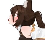  1girl animal_ear_fluff animal_ears bare_shoulders blush breasts brown_dress brown_hair choker commentary_request cropped_torso detached_sleeves dress flasso fox_ears fox_girl from_side gold_trim hair_between_eyes honkai:_star_rail honkai_(series) implied_orgasm long_hair open_mouth ponytail sideboob sidelocks solo surprised sweatdrop tingyun_(honkai:_star_rail) tongue tongue_out white_background white_choker white_sleeves wide-eyed 