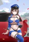  1girl absurdres arm_support azur_lane baltimore_(azur_lane) baltimore_(finish_line_flagbearer)_(azur_lane) bikini black_bikini black_choker black_gloves blue_bikini blue_footwear blue_hat blue_jacket blue_shorts blue_sky blue_sleeves boots braid breasts brown_hair car chest_harness chinese_commentary choker cleavage clothes_writing cloud collarbone commentary_request confetti cropped_jacket day detached_wings ferrari ferrari_488 french_braid gloves hair_between_eyes harness hat heihei_kmc highleg highleg_bikini highres jacket large_breasts looking_at_viewer micro_shorts mismatched_bikini motor_vehicle navel official_alternate_costume outdoors parted_lips peaked_cap race_queen shadow short_hair shorts sidelocks single_bare_shoulder single_glove single_sleeve sitting sitting_on_car sky solo sports_car stomach swimsuit thigh_boots underbust wings yellow_eyes 