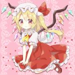 1girl absurdres ascot blonde_hair bow crystal_wings dress flandre_scarlet frilled_dress frills full_body hat hat_bow highres looking_at_viewer mary_janes red_eyes shinomaru_hajime shoes side_ponytail sitting smile socks solo touhou wariza white_mob_cap yellow_ascot 