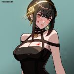  1girl artist_name aurakera bare_shoulders black_dress black_hair blood blood_on_breasts blood_on_face blush breasts cleavage dress earrings flower gold_earrings gold_hairband green_background hair_flower hair_ornament hairband highres jewelry large_breasts lips looking_at_viewer pendant_choker pixel_art red_eyes rose sidelocks solo spy_x_family upper_body v-shaped_eyebrows yor_briar 
