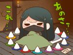  1boy bags_under_eyes black_eyes black_hair black_mask blanket blue_background candle chibi commentary_request covered_mouth danganronpa_(series) danganronpa_v3:_killing_harmony eyelashes fire furrowed_brow futon grey_kimono grey_sleeves indoors japanese_clothes kimono long_hair long_sleeves male_focus mask mouth_mask nervous_sweating on_bed plate salt scared shinguji_korekiyo sign sitting solid_oval_eyes solo straight_hair sweat translation_request under_covers very_long_hair wooden_floor yumaru_(marumarumaru) zipper zipper_pull_tab 