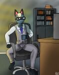 2024 absurd_res animal_crossing anthro barefoot beverage bookshelf carpeted_floor chair clothed clothing coffee coffee_mug colored desk digital_drawing_(artwork) digital_media_(artwork) domestic_cat feet felid feline felis furniture hi_res holding_coffee_mug male mammal nintendo office office_chair on_chair raymond_(animal_crossing) secretagentarc shaded simple_background sitting sitting_on_chair solo table tired tired_expression