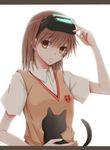  adjusting_goggles arm_up bad_id bad_pixiv_id bangs black_cat bloom brown_hair cat empty_eyes expressionless flat_chest hair_between_eyes head_mounted_display hiro_(hirohiro31) holding letterboxed looking_at_viewer misaka_imouto orange_eyes school_uniform shirt simple_background solo sweater_vest to_aru_kagaku_no_railgun to_aru_majutsu_no_index upper_body white_background 