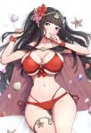  1girl absurdres ass_visible_through_thighs bikini black_hair bougainvillea_(flower) breasts cape commentary fire_emblem fire_emblem_awakening fire_emblem_heroes flower flower_bracelet gonzarez grin hair_flower hair_ornament hibiscus highres large_breasts long_hair looking_at_viewer o-ring o-ring_bikini official_alternate_costume parted_lips pink_flower purple_eyes red_bikini red_flower shell smile solo swimsuit tharja_(fire_emblem) tharja_(summer)_(fire_emblem) underboob 