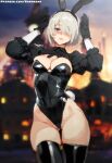  1girl 2b_(nier:automata) absurdres ai-assisted alternate_costume animal_ears arms_up artist_name ass_visible_through_thighs aurakera black_gloves black_hairband black_leotard black_thighhighs blue_eyes blurry blurry_background blush bob_cut breasts cowboy_shot fake_animal_ears gloves groin hair_over_one_eye hairband highleg highleg_leotard highres large_breasts leotard looking_at_viewer nier:automata nier_(series) patreon_username pixel_art playboy_bunny puffy_sleeves rabbit_ears rabbit_pose rabbit_tail short_hair shrug_(clothing) skindentation solo tail thighhighs thighs web_address white_hair 
