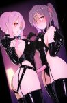  2girls absurdres bdsm blue_hair blurry blurry_background blush bondage_outfit boots breasts brown_eyes brown_hair colored_inner_hair commentary_request commission dildo dominatrix elbow_gloves embarrassed garter_straps gloves hair_ornament hair_ribbon hairclip highres holding holding_riding_crop hozuki_kaede katsuten large_breasts licking_lips looking_at_viewer medium_breasts multicolored_hair multiple_girls onii-chan_wa_oshimai! oyama_mihari pink_eyes pink_hair ponytail purple_hair ribbon riding_crop sex_toy shiny_clothes skeb_commission strap-on thigh_boots tongue tongue_out twintails two-tone_hair wavy_mouth 