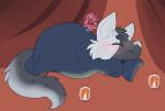 2021 artist_logo bedding blanket bow_(bowhuskers) candle canid canine canis curtains eyes_closed feral fur grey_body grey_fur izzyhime logo male mammal sleeping solo wolf