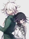  2boys arm_behind_back arm_belt black_scarf buttons chain checkered_clothes checkered_scarf closed_mouth colored_tips commentary_request cowboy_shot cret danganronpa_(series) danganronpa_2:_goodbye_despair danganronpa_v3:_killing_harmony finger_to_own_chin green_eyes green_jacket green_sleeves grey_background hair_between_eyes height_difference highres hood hood_down hooded_jacket huyuharu0214 jacket layered_sleeves light_smile long_sleeves looking_at_viewer male_focus messy_hair multicolored_hair multiple_boys open_clothes open_jacket purple_eyes purple_hair scarf shirt short_hair simple_background sleeves_past_wrists two-tone_scarf upper_body white_hair white_jacket white_scarf white_shirt white_sleeves 