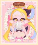  1girl blonde_hair border breasts cleavage commentary cup d_msy8 doughnut drinking eyelashes food hair_rings highres holding holding_cup inkling inkling_girl inkling_player_character inset_border long_hair looking_at_viewer pink_background pointy_ears slit_pupils solo splatoon_(series) symbol-only_commentary tentacle_hair yellow_border yellow_eyes 