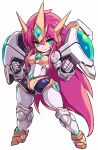  1girl blue_eyes breasts clenched_hands closed_mouth fang fang_out full_body hair_between_eyes headpiece karukan_(monjya) long_hair looking_at_viewer mecha_musume medium_breasts purple_hair simple_background smile solo standing super_robot_wars super_robot_wars_the_lord_of_elemental valsione_r very_long_hair white_background 