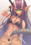  1girl absurdres arm_wrap bikini bikini_top_only breasts chain chain_leash collar collarbone cyclops earrings fang green_eyes highres holding holding_weapon horns hoshi_shimeji_(yuki-e-toriusu1) jewelry leash long_hair looking_at_viewer medium_breasts navel one-eyed open_fly original over_shoulder pants pointy_ears purple_hair skin-covered_horns solo swimsuit tail very_long_hair weapon weapon_over_shoulder 