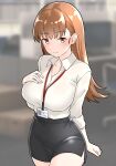  1girl black_skirt blush breasts brown_eyes brown_hair closed_mouth collarbone collared_shirt commentary_request cowboy_shot furaggu_(frag_0416) highres id_card kantai_collection large_breasts long_hair long_sleeves ooi_(kancolle) pencil_skirt shirt skirt solo white_shirt 