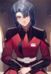  1boy athrun_zala bai_rui belt blue_hair green_eyes gundam gundam_seed gundam_seed_destiny highres male_focus military military_uniform red_uniform short_hair sitting solo uniform zaft_uniform 