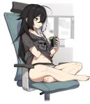  1girl bags_under_eyes bare_legs barefoot black_hair blurry blurry_background breasts brown_eyes can chair commentary_request crossed_bangs depth_of_field dev_(dev0614) grey_hair grey_shirt hair_over_one_eye hand_under_clothes hand_under_shirt highres holding holding_can long_hair multicolored_hair navel no_pants office_chair on_chair original panties pepsi shirt short_sleeves small_breasts solo squiggle swivel_chair toes two-tone_hair underwear very_long_hair 