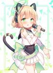  1girl alternate_costume animal_ear_headphones animal_ears blonde_hair blue_archive blush cat_tail cowboy_shot detached_sleeves fake_animal_ears fang green_eyes green_halo halo headphones highres holding holding_microphone looking_at_viewer microphone midori_(blue_archive) moeno_uni open_mouth pleated_skirt short_hair skin_fang skirt solo tail white_skirt white_sleeves 