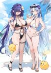  2girls alsace_(azur_lane) alsace_(heat_beating_summer_sacrament)_(azur_lane) azur_lane bikini black_footwear black_one-piece_swimsuit blue_eyes blue_hair blue_sky breasts clothing_cutout cloud cloudy_sky commentary eyewear_on_head flip-flops flower food food_in_mouth full_body gompang_11 hair_flower hair_ornament hair_over_one_eye hand_on_own_hip highres large_breasts light_blue_hair long_hair looking_at_viewer manjuu_(azur_lane) mogador_(azur_lane) mogador_(locker_room_lechery)_(azur_lane) mole mole_on_breast multiple_girls navel navel_cutout official_alternate_costume one-piece_swimsuit palm_leaf popsicle popsicle_in_mouth sandals skindentation sky standing stomach sunglasses swimsuit v very_long_hair white_bikini 