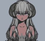 1girl collarbone commentary demon_girl demon_horns expressionless grey_background hair_censor horns long_hair looking_at_viewer original purple_eyes simple_background solo straight-on toned_female topless tsucudaniv3 upper_body white_hair 