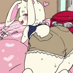 1:1 animated anthro backpack bed bedroom_eyes big_ears biped blush blush_lines bodily_fluids bottomwear bra buckteeth butt clothed clothing condom condom_wrapper female floppy_ears fully_clothed furniture heart_symbol horideiyasumi lagomorph leporid looking_at_viewer lop_ears magazine mammal narrowed_eyes pillow presenting presenting_hindquarters rabbit scut_tail seductive sexual_barrier_device shaking_butt short_tail shorts solo sports_bra sweat sweatdrop tail teeth underwear unused_condom wrapped_condom