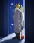 2024 anthro axe blonde_hair cavemanon_studios cigarette clothing coat detailed_background digital_drawing_(artwork) digital_media_(artwork) dinosaur fingers hair head_crest hi_res i_wani_hug_that_gator iadakan inside kaprakaz locker_room male pale_body pale_scales pterodactylus pterosaur red_eyes reptile scalie smoking smoking_cigarette solo topwear water wings