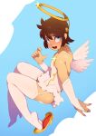  1boy absurdres angel angel_wings blue_eyes blue_sky blush bridal_gauntlets brown_hair cloud combos_&amp;_doodles corset crossdressing day fake_halo garter_straps gold_choker gold_footwear halo high_heels highres kid_icarus male_focus mini_wings open_mouth otoko_no_ko outdoors pit_(kid_icarus) shoe_dangle short_hair sky solo sweat teeth thighhighs upper_teeth_only white_bridal_gauntlets white_corset white_garter_straps white_thighhighs white_wings wings yellow_halo 