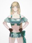  &gt;:( 1girl bare_shoulders bikini blonde_hair brown_gloves collarbone commentary_request cowboy_shot fire_emblem fire_emblem:_three_houses fire_emblem_heroes gloves green_bikini green_eyes green_shorts grey_background ingrid_brandl_galatea ingrid_brandl_galatea_(summer) long_hair looking_at_viewer navel off-shoulder_bikini off_shoulder official_alternate_costume short_shorts shorts simple_background solo standing stomach swimsuit tsukimura_noe v-shaped_eyebrows very_long_hair 