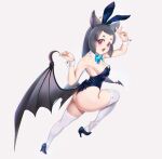  1girl alternate_costume animal_ears back_bow backless_leotard bat_ears bat_girl bat_wings beleven black_footwear black_leotard blue_bow blue_bowtie blush bow bowtie commission detached_collar fake_animal_ears fang forehead fraternal_myotis_(kemono_friends) full_body grey_hair high_heels highres kemono_friends leotard looking_at_viewer open_mouth pink_eyes playboy_bunny rabbit_ears shiny_leotard shoe_dangle short_hair sidelocks solo thighhighs white_thighhighs wings wrist_cuffs 