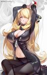  1girl alternate_breast_size arms_up black_coat black_pants blonde_hair breasts cleavage coat cynthia_(pokemon) fur-trimmed_coat fur-trimmed_sleeves fur_collar fur_trim grey_eyes hair_ornament hair_over_one_eye highres holding holding_poke_ball hong_(white_spider) large_breasts long_hair long_sleeves looking_at_viewer navel pants poke_ball poke_ball_(basic) pokemon pokemon_dppt sitting solo thighs very_long_hair 