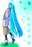  aqua_hair arms_behind_back closed_eyes coat hatsune_miku headphones high_heels long_hair pantyhose scarf shoes skirt snowflakes solo tomabo twintails very_long_hair vocaloid 