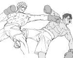  2boys abs ao_isami bara boxing_gloves bruise clenched_teeth couple cowboy_shot crossed_legs duel facial_hair greyscale highres injury large_pectorals lewis_smith male_focus monochrome multiple_boys muscular muscular_male navel nipples pectorals poyosoftware punching saliva sideburns_stubble stomach stubble teeth thick_eyebrows topless_male wrestling_outfit yaoi yuuki_bakuhatsu_bang_bravern 