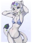 2024 absurd_res anthro bikini blue_eyes breasts clothed clothing coffeechicken digital_media_(artwork) female fur hair hi_res lumi_(paledrake) mammal mustelid musteline paledrake portrait simple_background smile solo stoat swimwear tail teeth three-quarter_portrait true_musteline weasel white_background white_body white_fur white_hair