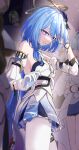  5girls absurdres aponia_(honkai_impact) armpit_crease ass blue_hair breasts cleavage_cutout clothing_cutout commentary_request cowboy_shot detached_sleeves dress elysia_(honkai_impact) gloves griseo griseo_(cosmic_expression) griseo_(starry_impression) hair_between_eyes hair_ornament hand_in_own_hair highres honkai_(series) honkai_impact_3rd large_breasts light_blue_hair looking_at_viewer mobius_(honkai_impact) multiple_girls nagonako pantyhose purple_eyes smile solo_focus thigh_strap thighs white_dress white_gloves white_pantyhose 