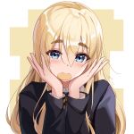  1girl black_jacket blazer blonde_hair blue_eyes blush collared_shirt cookie eyes_visible_through_hair food food_in_mouth hair_between_eyes hands_on_own_cheeks hands_on_own_face highres jacket k-on! kotobuki_tsumugi long_hair mouth_hold portrait revision sakuragaoka_high_school_uniform school_uniform shirt smile solo thick_eyebrows white_shirt wutong_mingye 