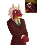 2022 anthro biped blue_sclera boss_bruce claws clothed clothing dragon ervibi eyebrows finger_claws green_necktie hair half-length_portrait horn male mythological_creature mythological_scalie mythology necktie portrait red_body red_clothing red_scales red_suit rise_of_the_teenage_mutant_ninja_turtles scales scalie simple_background solo standing suit teenage_mutant_ninja_turtles white_background white_hair