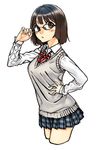  adjusting_eyewear bob_cut bow bowtie brown_eyes brown_hair cowboy_shot cropped_legs glasses hand_on_hip kawazu original plaid plaid_skirt pleated_skirt school_uniform short_hair simple_background skirt solo sweater_vest white_background 