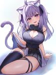  1girl ahoge animal_ears bare_shoulders belt breasts cat_ears cat_girl cat_tail cleavage cleavage_cutout clothes_lift clothing_cutout highres hololive kogekoge1207 large_breasts long_hair looking_at_viewer nekomata_okayu open_mouth purple_eyes purple_hair simple_background sitting skirt skirt_lift sleeveless sleeveless_sweater sleeveless_turtleneck smile solo sweater sweater_tucked_in tail thick_thighs thighs turtleneck turtleneck_sweater twintails virtual_youtuber 